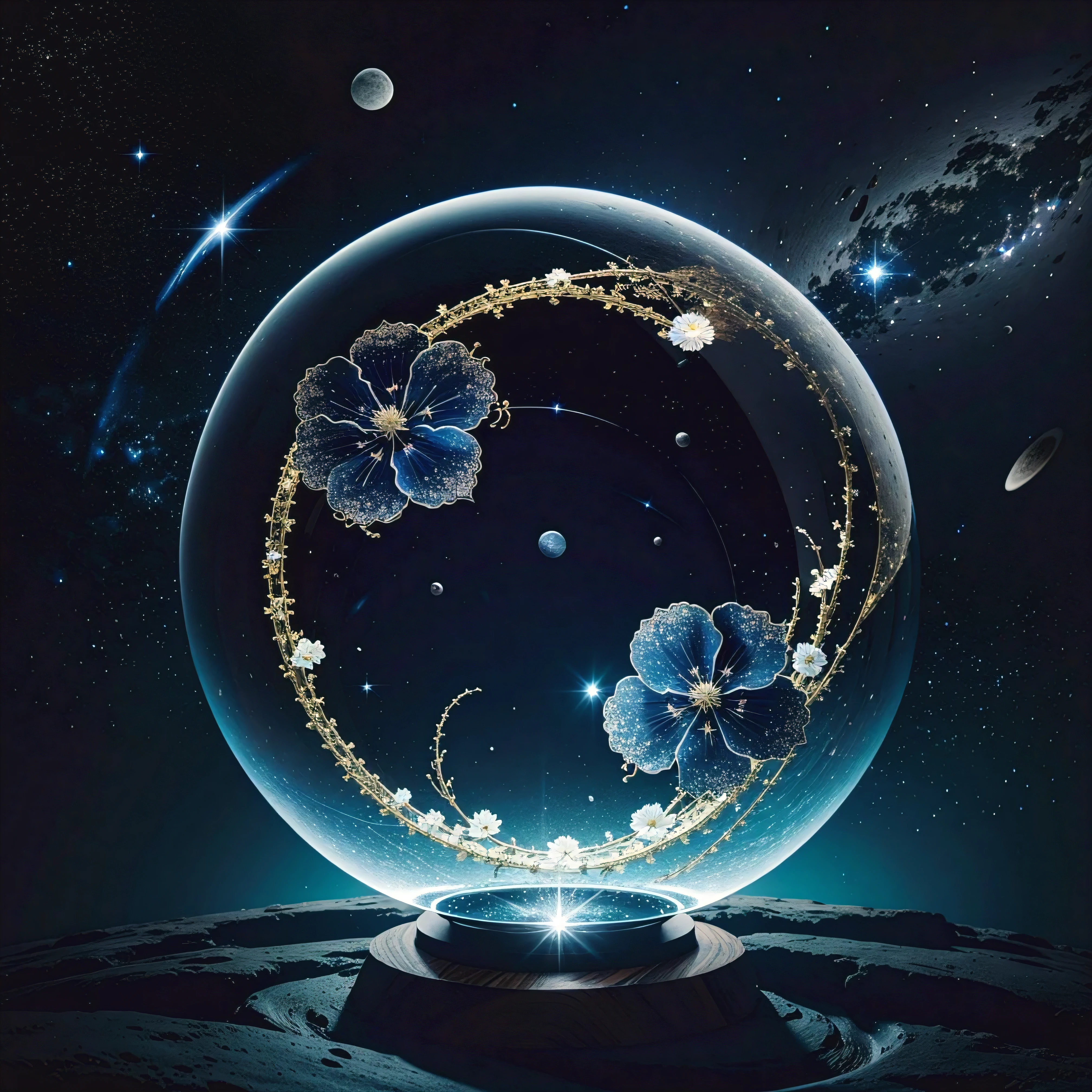 Universe with stars，big bang of stars，Energy sphere，Glass flowers，chinese dragon，moon