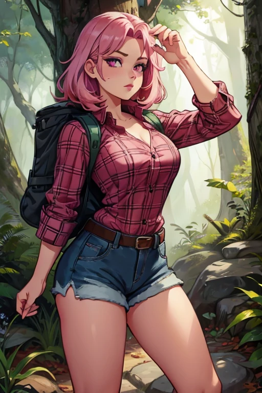 A pink haired woman with violet eyes with an hourglass figure in a plaid shirt and shorts and hiking boots is hiking through the woods