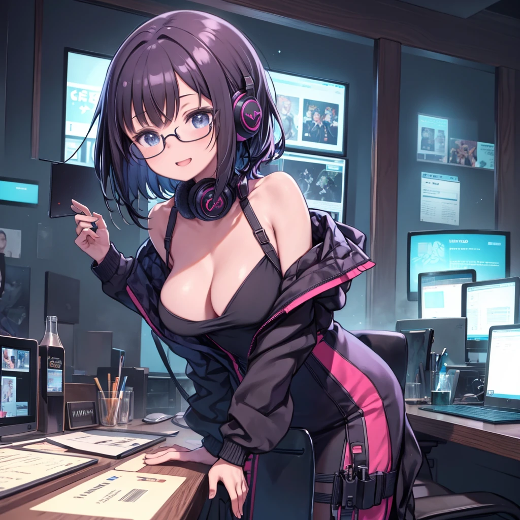 masterpiece、highest quality、High resolution、Very detailed、Medium wide shot、Cowboy Shot、Mature Woman、Big Breasts、Gamer、Game Commentator、Playing a game、Staring at your computer monitor、Leaning forward、laughing、Hang headphones around your neck、Glasses、Glassesにモニターの映像が反射している、Dark Room、indoor、Flashy clothes、Colorful clothes、night、YouTuber、