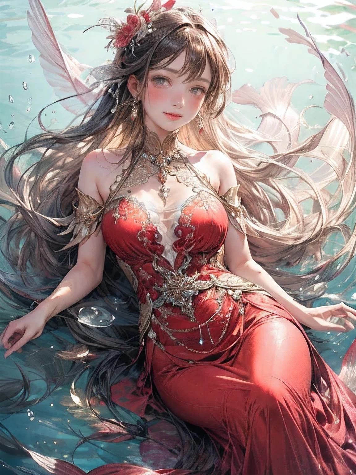 masterpiece:1.2, top quality, 8k, highres, ultra-realistic:1.37, beautiful ultra-detailed:1.2, beautiful woman in a crimson dress, floating, gracefully swimming underwater like a drifting mermaid, many bubbles:1.2, beautiful delicate long
eyelash beautiful delicate eyes, beautiful delicate pupils, beautiful delicate lips, beautiful delicate dress, gentle smile, fullbody shot