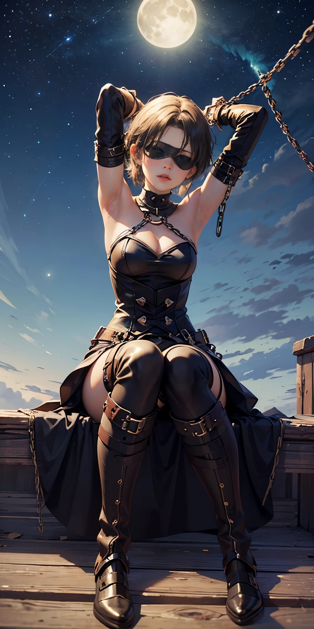 masterpiece, best quality, JingliuV5, 1girl, solo, gloves, gloves, dress, bare shoulders, closed mouth, boots, sky, black gloves, black footwear, blindfold, night sky, full moon, elbow gloves, armpits, arms up, ((chain, bound, restrained:1.3)), sitting, wariza, night, starry sky, sky, cowboy shot, view from below, far shot