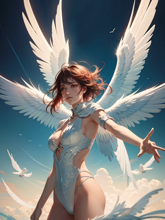 (masterpiece, top quality, best quality, official art, beautiful and aesthetic: 1.2), (1 woman), soaring through the sky, (torn clothes), digital art, (inspired by Jeremy Geddes), fantasy art, (white and red color scheme), epic angel wings, beautiful avatar pictures, airbrush digital art, (digital art - w 0), (heaven on earth), shattered, (happy!!!), (3 0 0), [[bruised skin]], (skinned "ACVR"), (dripping paint), rossdraws (volumetric lighting), (red-sad), detailed, (epic expression), wings spread wide,
