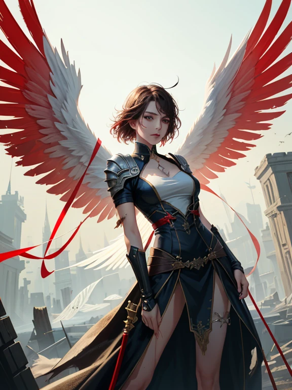 (masterpiece, top quality, best quality, official art, beautiful and aesthetic: 1.2), (1 woman), soaring through the sky, (torn clothes), digital art, (inspired by Jeremy Geddes), fantasy art, (white and red color scheme), epic angel wings, beautiful avatar pictures, airbrush digital art, (digital art - w 0), (heaven on earth), shattered, (happy!!!), (3 0 0), [[bruised skin]], (skinned "ACVR"), (dripping paint), rossdraws (volumetric lighting), (red-sad), detailed, (epic expression), wings spread wide,