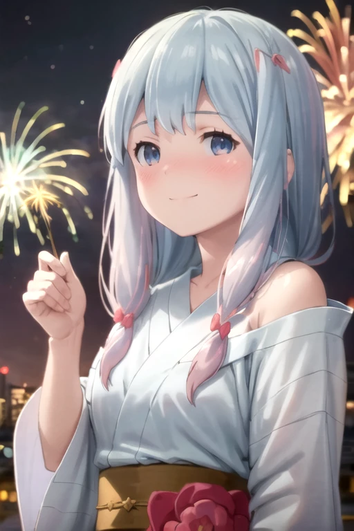 masterpiece, best quality, ultra detailed, highres, extremely detailed CG unity 8k wallpaper, perfect lighting, very detailed background, beautiful and aesthetic,sharp focus, perfect face, dynamic pose, dynamic angle,
1girl, upper body, (portrait:1.1), multicolored yukata, kanzashi, looking at viewer, full-face blush, from side, from below, smile,
night, dark sky, misty lake, mountainous horizon, break,aerial fireworks, (Full of sky fireworks:1.2),
、Shoulder Bare、(Off the shoulder)、(Holding a handheld firework:1.2)、(middle Breasts:1.0)、(izumi sagiri:1.7)、grey hair, long hair, multicolored hair, blue eyes