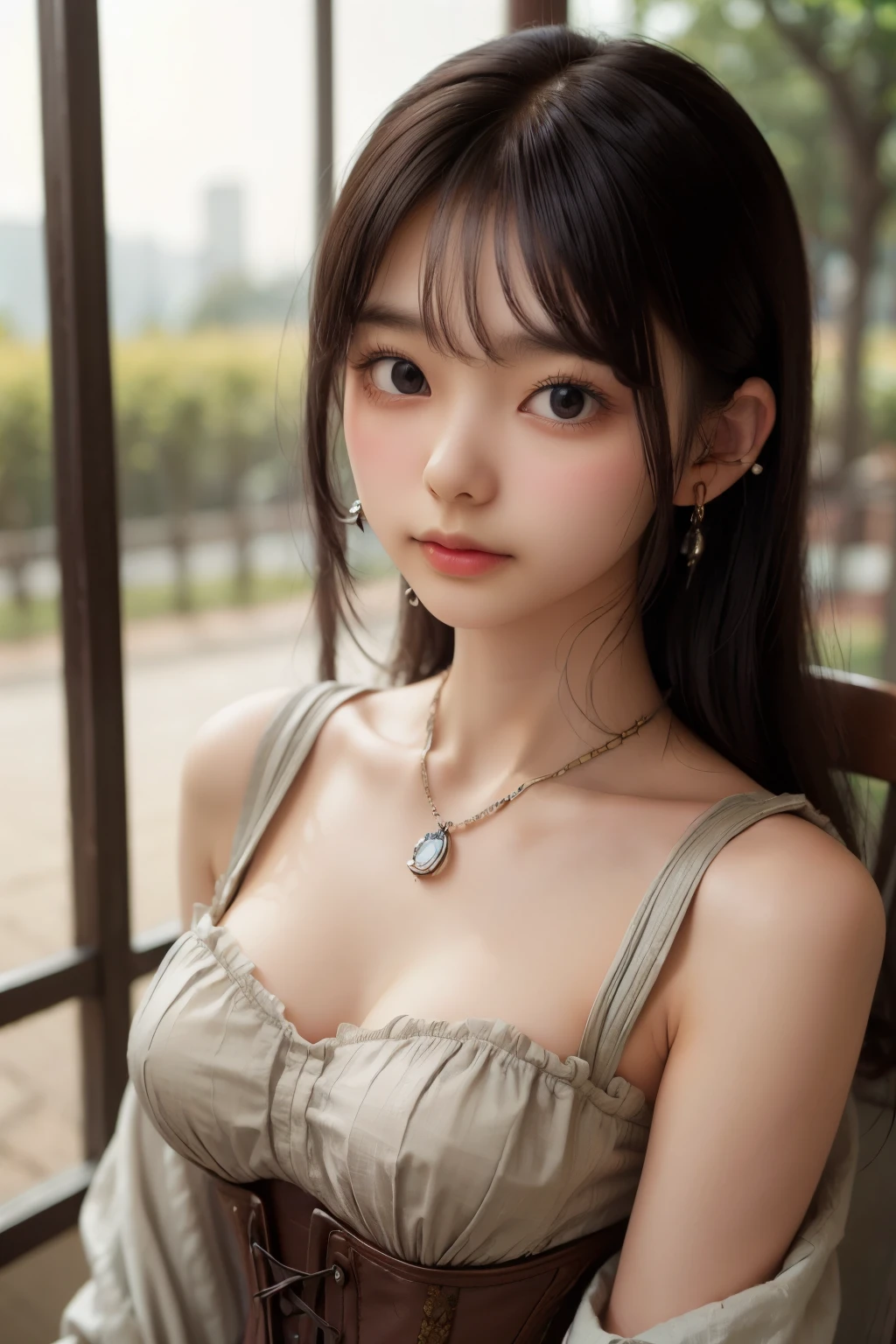 ((sfw: 1.4)), ((detailed face,  professional photography)), ((sfw, corset top, earrings, necklac 1 Girl)), Ultra High Resolution, (Realistic: 1.4), RAW Photo, Best Quality, (Photorealistic Stick), Focus, Soft Light, (()), ((Japanese)), (( (young face))), (surface), (depth of field), masterpiece, (realistic), woman, bangs, ((1 girl))