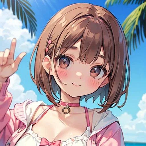 Beautiful slightly large breasts, Brown Hair, Brown eyes, Wave Shorthair, bangs, blush, bright, smile, White swimsuit, Baby Face, first round, choker, Lock, , Enchanted, Droopy eyes, cute hair accessories, Pink Cardigan, Close-up on chest,