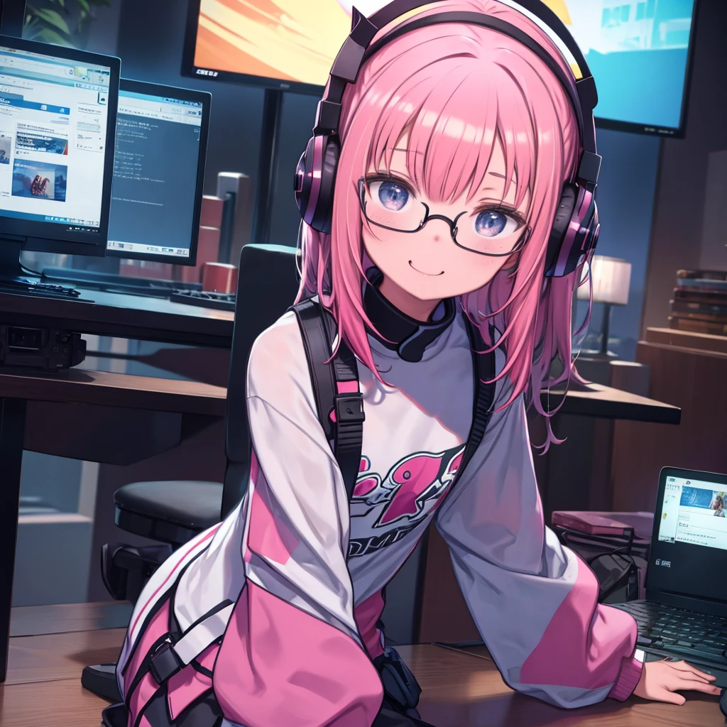 masterpiece、highest quality、High resolution、Very detailed、Medium wide shot、Cowboy Shot、Girl、Gamer、Game Commentator、Playing a game、Staring at your computer monitor、Leaning forward、laughing、Headphones、Glasses、Glassesにモニターの映像が反射している、Dark Room、indoor、Flashy clothes、Colorful clothes、night、YouTuber、