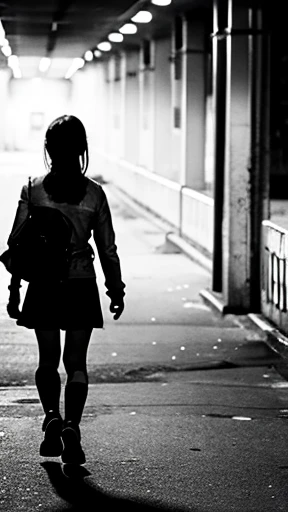 A female zombie is walking、Monochrome