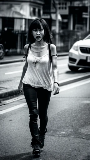 A female zombie is walking、Monochrome