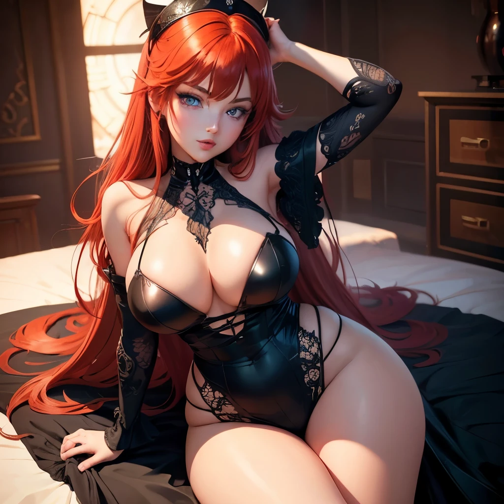 Rias Gremory, who has a beautiful curvy figure, boasts long, vibrant red hair that shines against the background lighting (1.1) of this 4k image. Her face of the highest quality is decorated with charming blue eyes. Dressed in a short, skin-tight black dress, Rias radiates irresistible charm. (artwork: 0.8) (beautiful detailed eyes: 1.6) (extremely detailed face) (perfect lighting) (best quality) (ultra high resolution: 1.0)