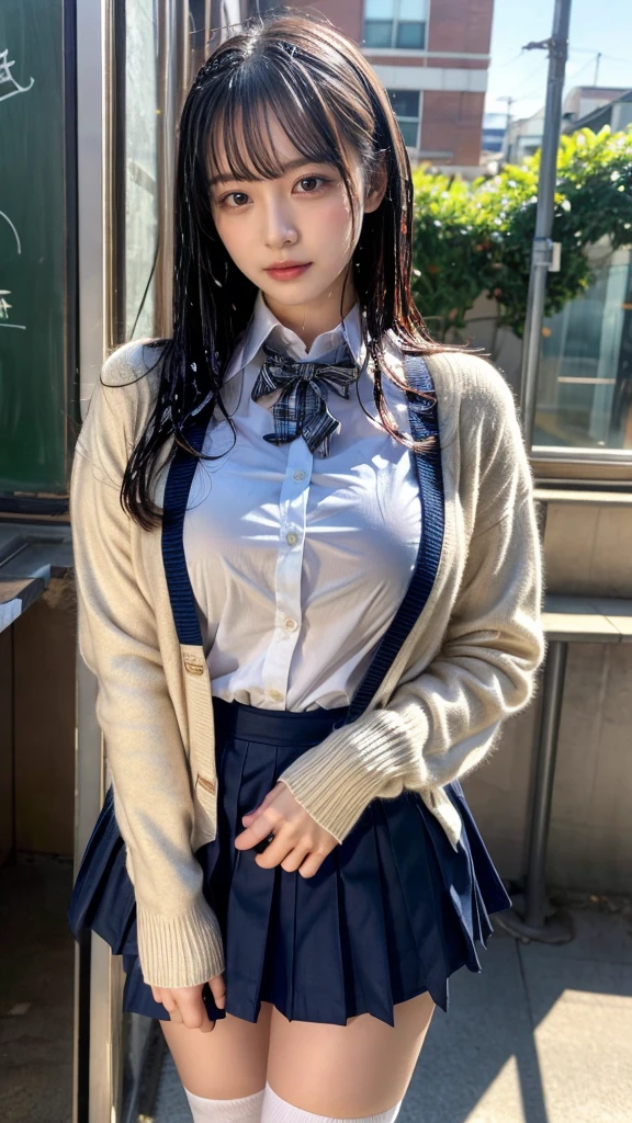 muste piece, best quality, illustration, Super detailed, fine details, High resolution, 8K,wall paper, perfect dynamic composition,(Details High quality, realistic depiction of eyes:1.3), wading, (nup, see through, wet:1.2), High School Classroom、High school girl uniform、Cardigan、Super Short Check Uniform Skirt、Navy blue high socks、garterbelts、Colossal tits、Disturbed uniform、short bob hair, black hair color, Big Natural Color Lip, bold sexy pose, (perfect body shape), crying a little、cold gaze, Harajuku style、20 year old girl、cute type, beautiful legs, hposing Gravure Idol, Voluptuous thighs