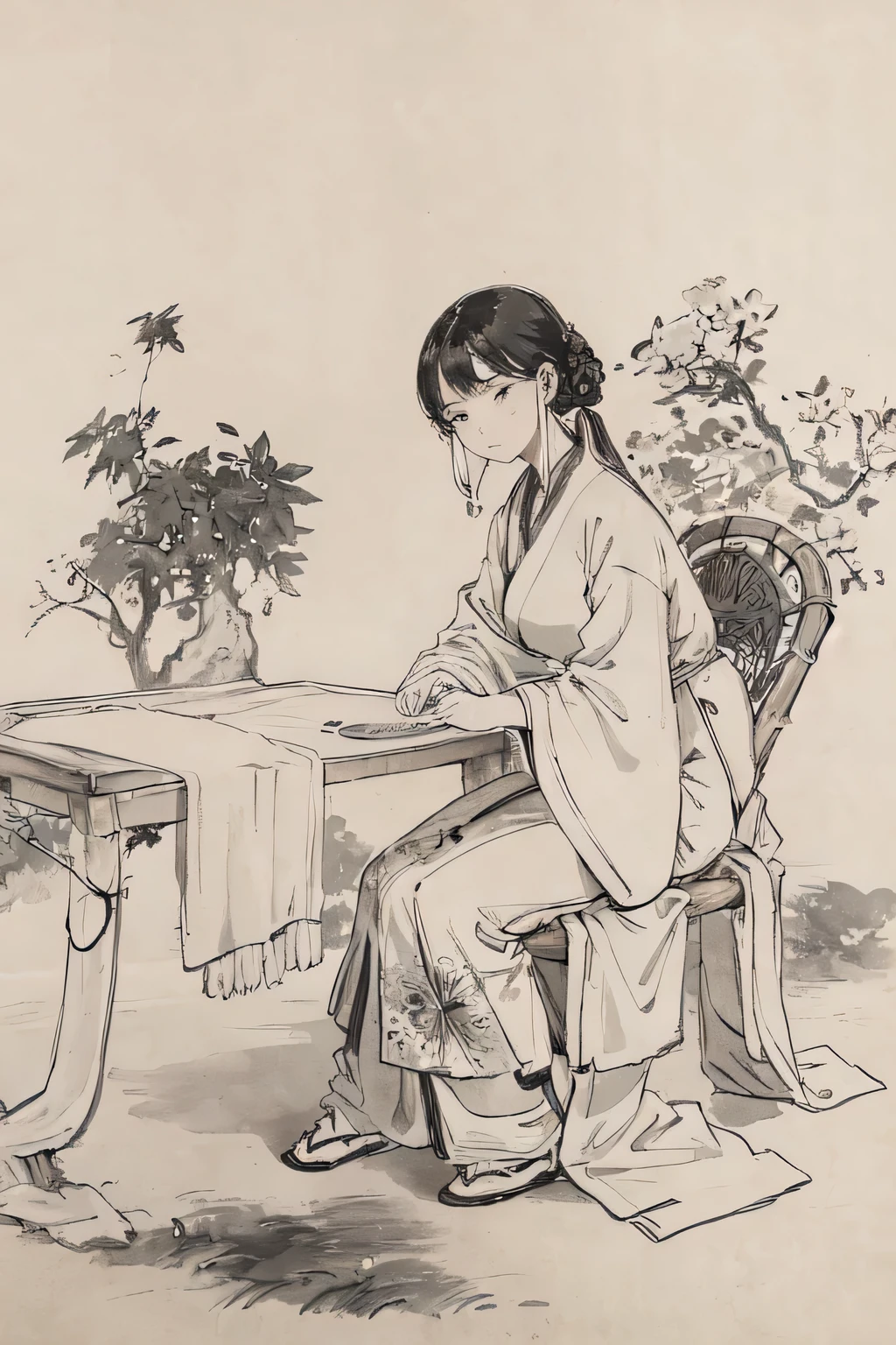 (masterpiece, best quality: 1.2), Traditional Chinese ink painting, A simple portrait landscape art painting，Depicts a slender figure，Dress simply and elegantly，Looks sad，A poetess missing her husband。A smoking metal aromatherapy burner is placed on the table，The background is a large field of chrysanthemums and green leaves