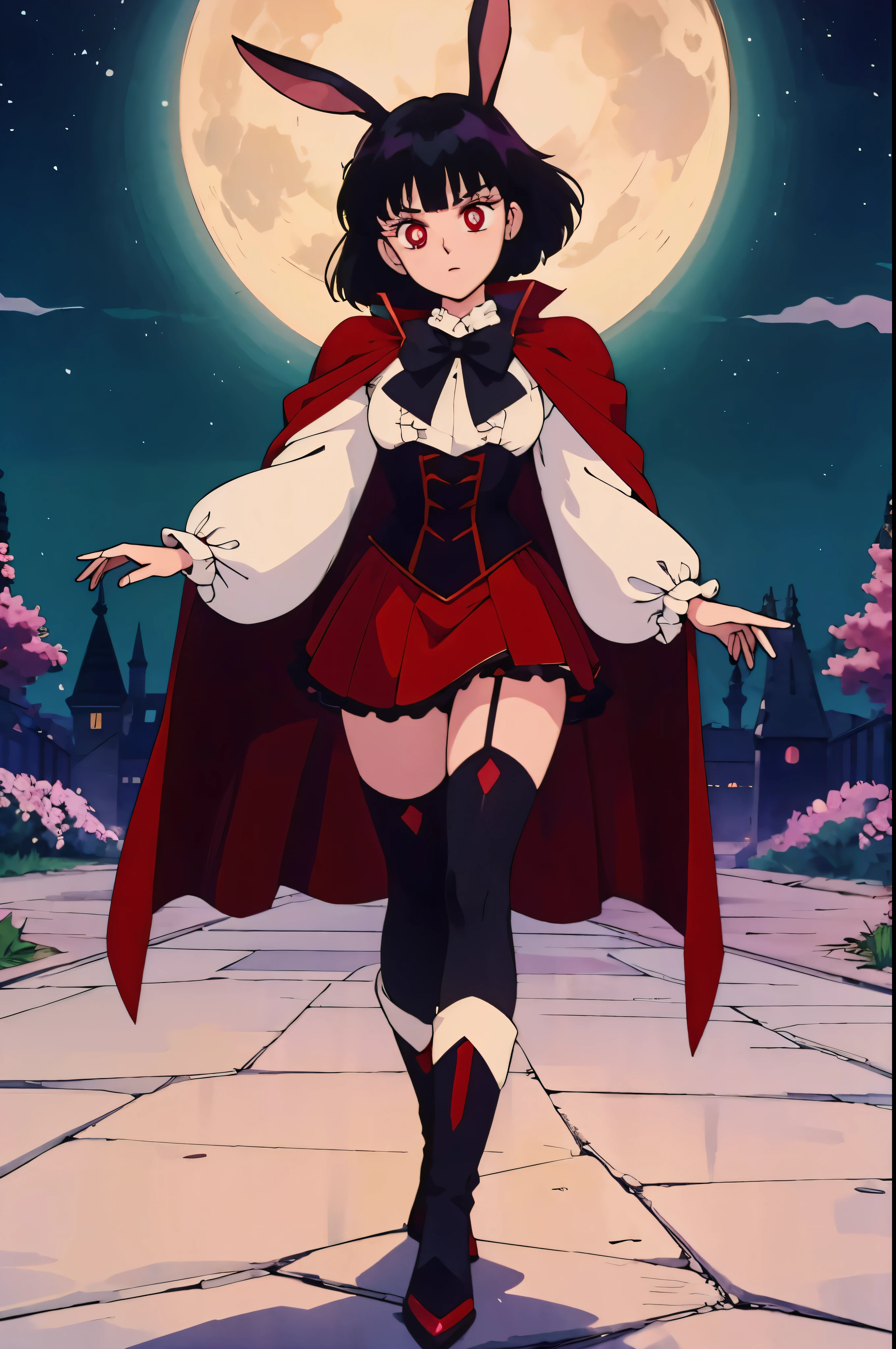 anime girl, tall, short black hair, Bangs are heavy, bunny ears, vampire, red eyes, ((best quality)), ((highly detailed)), masterpiece, absurdres, (detailed eyes, deep eyes), (1girl), cape, Outside at night when the moon shines, dress, frills, The sleeves are wide at the hem, long sleeve shirt, black tie, Stockings, boots