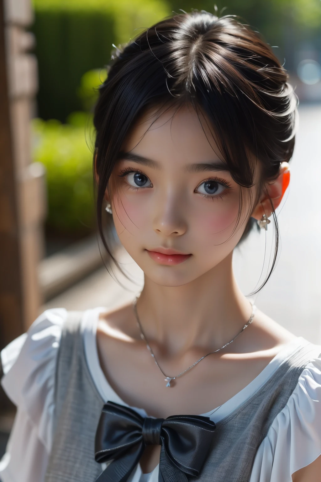 ((sfw: 1.4)), ((detailed face,  professional photography)), ((sfw, corset top, earrings, necklac,, extra short hair, sidelocks-hair, 1 Girl)), Ultra High Resolution, (Realistic: 1.4), RAW Photo, Best Quality, (Photorealistic Stick), Focus, Soft Light, ((15 years old)), ((Japanese)), (( (young face))), (surface), (depth of field), masterpiece, (realistic), woman, bangs, ((1 girl))