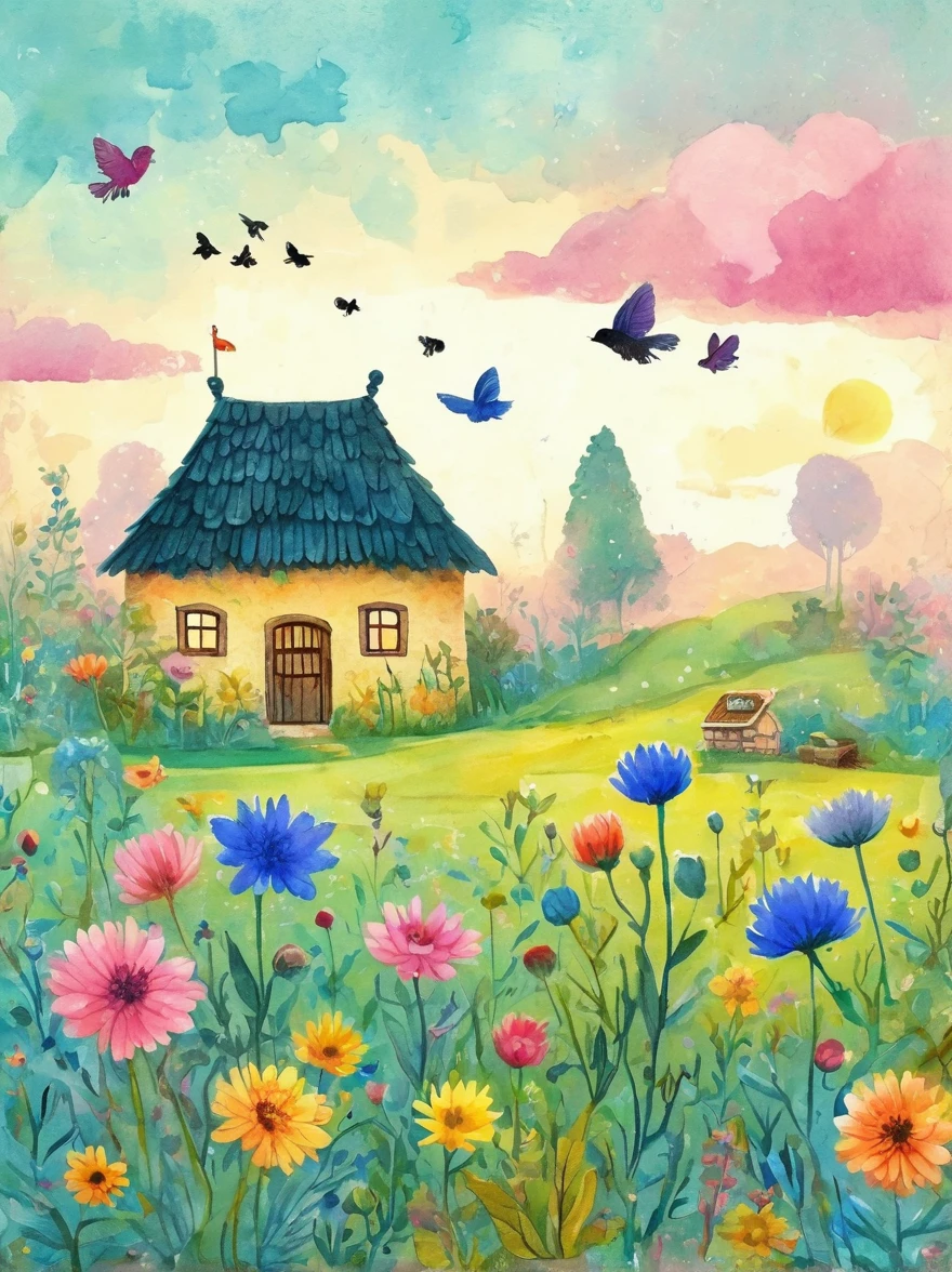 summer，Best quality，Ink and watercolor，Vector illustration，Propylene，详细的稻草cute稻草人在黑麦田里的小妖怪生物，Cornflower，sunrise，farmhouse，Kraora，Dan Mumford，Andy Kehoe，flat，cute，cute，Retro，Art on cracked paper，fairy tale，Detailed illustrations for storybooks，Movie，Ultra HD，detail，美丽的detail，mystery，Luminescence，Vibrant colors，Complex background