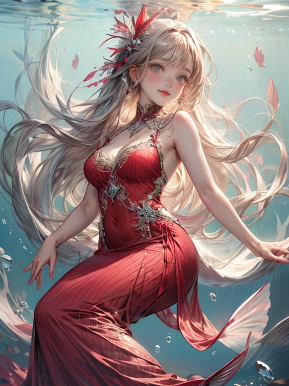 masterpiece:1.2, top quality, 8k, highres, ultra-realistic:1.37, beautiful ultra-detailed:1.2, beautiful woman in a crimson dress, flying, gracefully swimming underwater like a drifting mermaid, many bubbles:1.2, beautiful delicate long 
 eyelash beautiful delicate eyes, beautiful delicate pupils, sparkling eyes, beautiful delicate lips, shining lips, beautiful delicate dress, gentle smile, fullbody shot