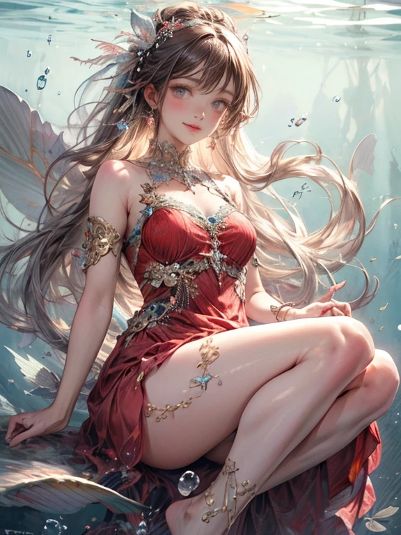 masterpiece:1.2, top quality, 8k, highres, ultra-realistic:1.37, beautiful ultra-detailed:1.2, beautiful woman in a crimson dress, flying, gracefully swimming underwater like a drifting mermaid, many bubbles:1.2, beautiful delicate long
eyelash beautiful delicate eyes, beautiful delicate pupils, sparkling eyes, beautiful delicate lips, shining lips, beautiful delicate dress, gentle smile, fullbody shot