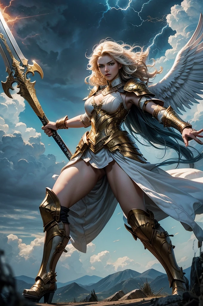 glorious victory scene,vivid colors,beautiful vintage warrior woman with very big white open wings,beautiful angry face,curly long hair,wielding 1 sword in defense position, white armor with gold embroid details, dynamic pose, storm sky and lightning clouds background