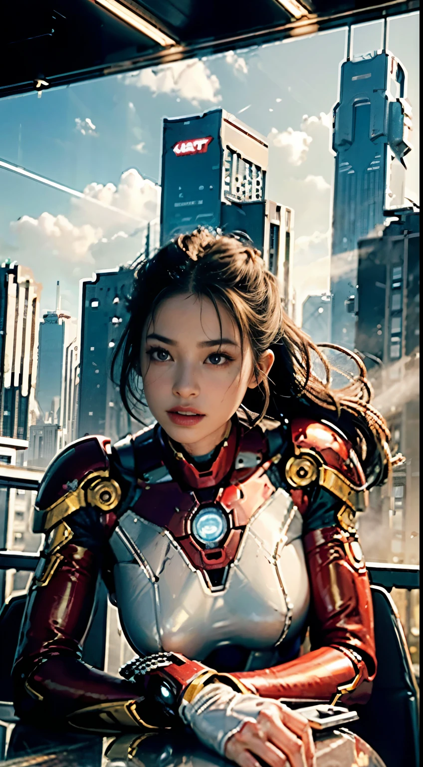 RAW, Masterpiece, Ultra Fine Photo,, Best Quality, Ultra High Resolution, Photorealistic, Sunlight, Full Body Portrait, Stunningly Beautiful,, Dynamic Poses, Delicate Face, Vibrant Eyes, (Side View) , she is wearing a futuristic Iron Man mech, red and gold color scheme, highly detailed abandoned warehouse background, detailed face, detailed and complex busy background, messy, gorgeous, milky white, high detailed skin, realistic skin details, visible pores , sharp focus, volumetric fog, 8k uhd, dslr camera, high quality, film grain, fair skin, photorealism, lomography, sprawling metropolis in futuristic dystopia, view from below, translucent