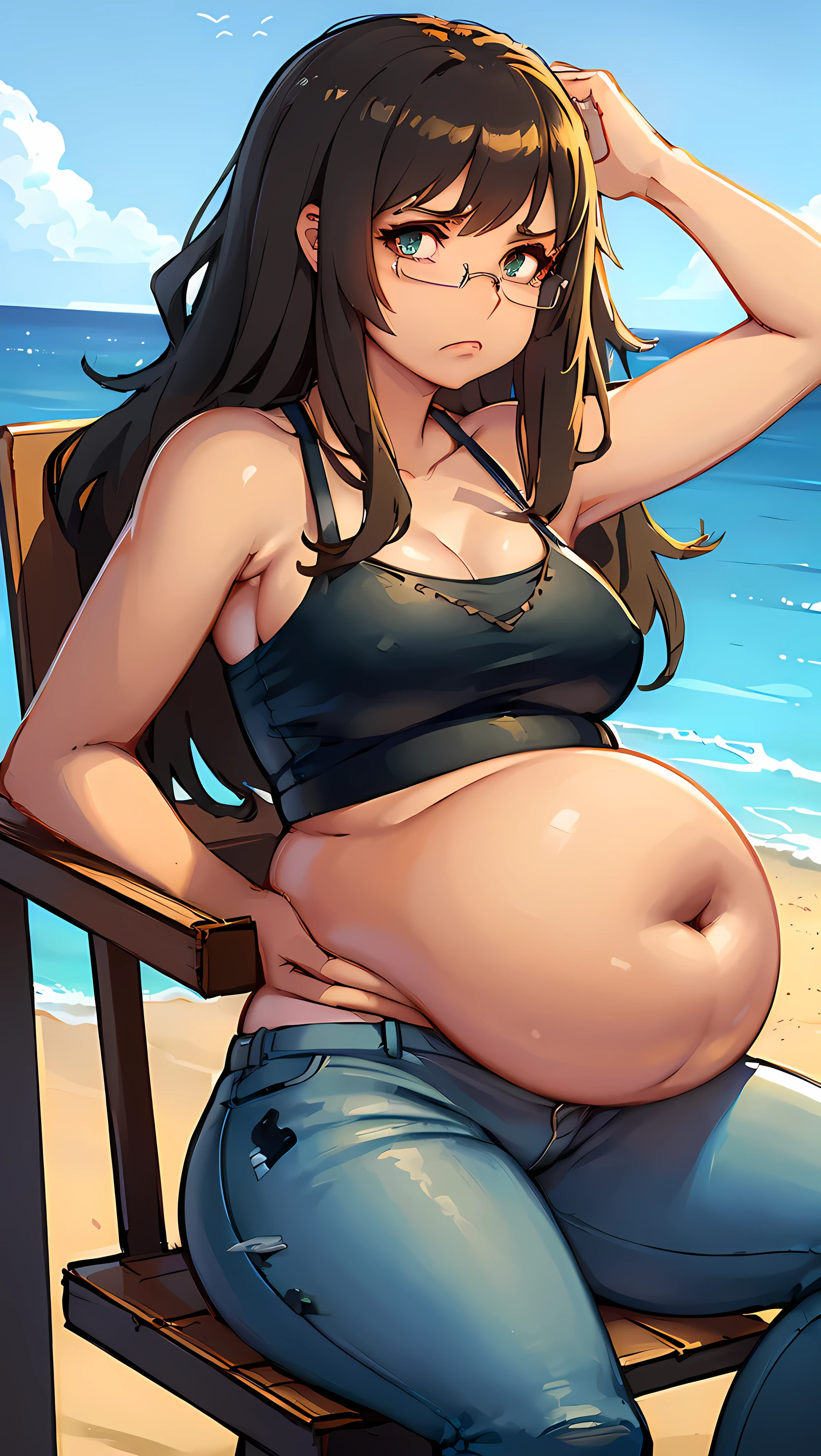 8k, ((masterpiece)), (((best quality))), art by kipteitei, 1girl, solo, long brown hair, blue bikini, tight jeans light skin, green eyes, glasses, frown, beach, sitting on chair, arm jiggleling belly, slim belly, better hands