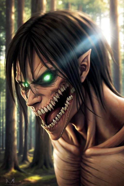 Attack_titan, half body, sunlight, forest, head focus, sharp teeth