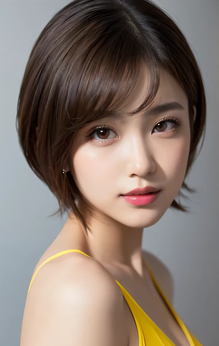 Amazing cute face and eyes, (silky brown hair, (hime cut hair:1.2)), , , delicate, (Best Quality:1.4), (Ultra-detailed), (extremely detailed beautiful face),, brown eyes, (highly detailed Beautiful ), , (extremely detailed CG unified 8k wallpaper), Highly detailed, High-definition raw color photos, Professional Photography, Realistic portrait, Extremely high resolution, ,, , ((photo from the waist up )), Generate with SFW, ((1 girl:1.3)), Japanese ((18year old )), , (highest quality:1.4), 32k resolution, (Realistic:1.5), (Ultra-realistic:1.5), High resolution UHD, (masterpiece:1.2)), (Improvement of quality:1.4), (Very beautiful facial details), (Highest quality realistic skin texture:1.4), ((Perfect Anatomy:1.2)), (Are standing:1.37), , ((light light grey background color:1.0)), Accurate Fingers, Very detailed, Symmetrical eyes, Fine eyelashes, Thinly trimmed eyebrows, View audience, Natural Makeup, [Pink lipstick], ((A good eye for quality:1.2)),, (Beautiful Lips:1.33), (Great nose:1.2), ((dressing room of school of the Background:1.37)), ((small breast)), Tight waist, , , bangs, , Gentle light illuminates the face and body, Spectacular and inspiring cinema lighting, big smile , , (noon,), ((wearing strapless yellow leotard)), ,, , ((arms at sides down)), slender body, ,(Do not enphasize the top of bust),