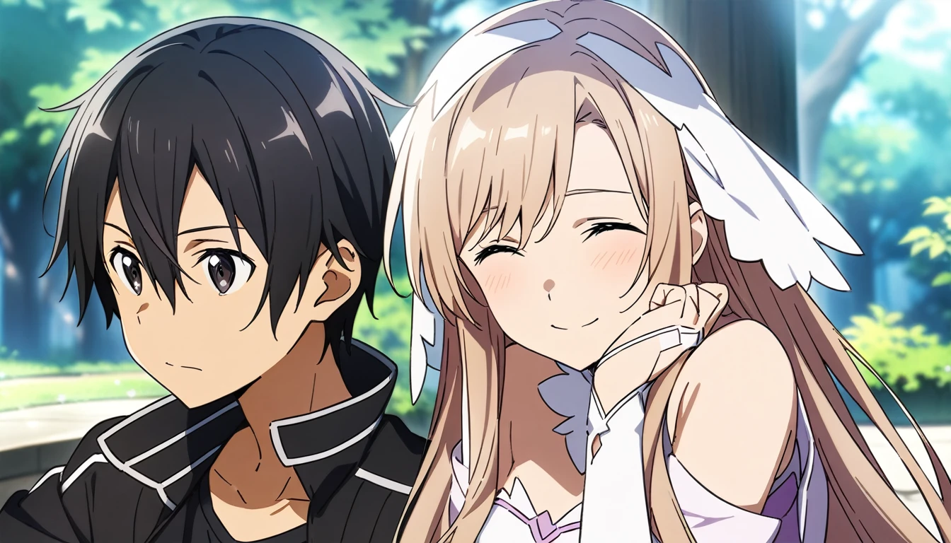 1girl and 1boy, asuna \(stacia\) and kirito, sword art online, masterpiece, best quality, very aesthetic, absurdres