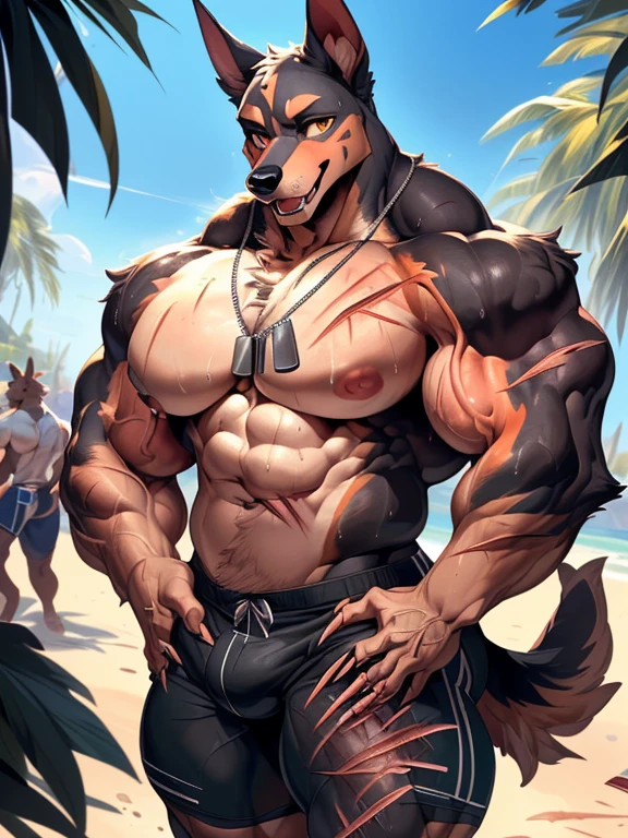 ((masterpiece)), ((high resolution)), ((Anime-ish high quality)), ((best quality)), ((super fine illustration)), ((highly details)), ((8k)), ((detailed face)), ((detailed hands)), ((detailed body)), ((detailed eyes)), ((SFW:1.8)), ((solo)), ((uploaded on e621)), (by slugbox), (by bonifasko), (by cervina7), (by null-ghost), ((doberman)), ((black short fur:1.3)), ((orange underbelly:1.3)), ((fluffy dog)), ((male anthro)), (anatomically correct), ((pawpads:1.3)), (five fingers), ((tuft)), (fluffy fur)), ((fluffy fur body:1.3)), ((detailed fluffy fur)), (big yellow eyes), ((looking at viewer)), ((shoot from front)), ((face focus)), ((close up portrait:1.6)), ((furry)), ((huge muscular male:1.3)), ((muscular figure)), ((massive and strong body)), ((vein:1.6)), ((veiny muscles:1.3)), ((huge pecs:1.4)), ((big muscles:1.3)), ((muscular arms)), ((muscular legs)), ((abdominal muscles:1.3)), (Oblique muscle), serratus anterior muscle, ((thick thighs:1.3)), ((blush)), (long snout), (big tail), teeth, ((fangs)), open mouth, ((breath visible)), ((sweaty:1.8)), ((many scars are covered in the body)), ((many scratches are covered in the body)), ((a lot of claw marks are covered in the body:1.6)), ((scars on face)), ((scar on eye:1.4)), ((detailed scars)), ((wearing dog tags:1.6)), ((dynamic pose)), ((in the seaside)), ((on the beach)), ((the sun)), ((a crowd of furry:1.3)), ((detailed background)), ((cinematic lighting)), ((gorgeous light and shadows)), ((highly detailed background)), ((wearing hot pants:1.6)),