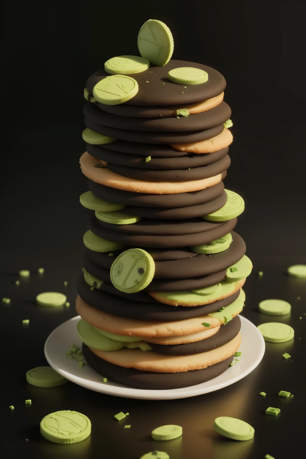 A graphic image of an enticing array of cookies and stacks of crisp money, elegantly arranged against the backdrop of a sleek, contrasting black and volt green color scheme.