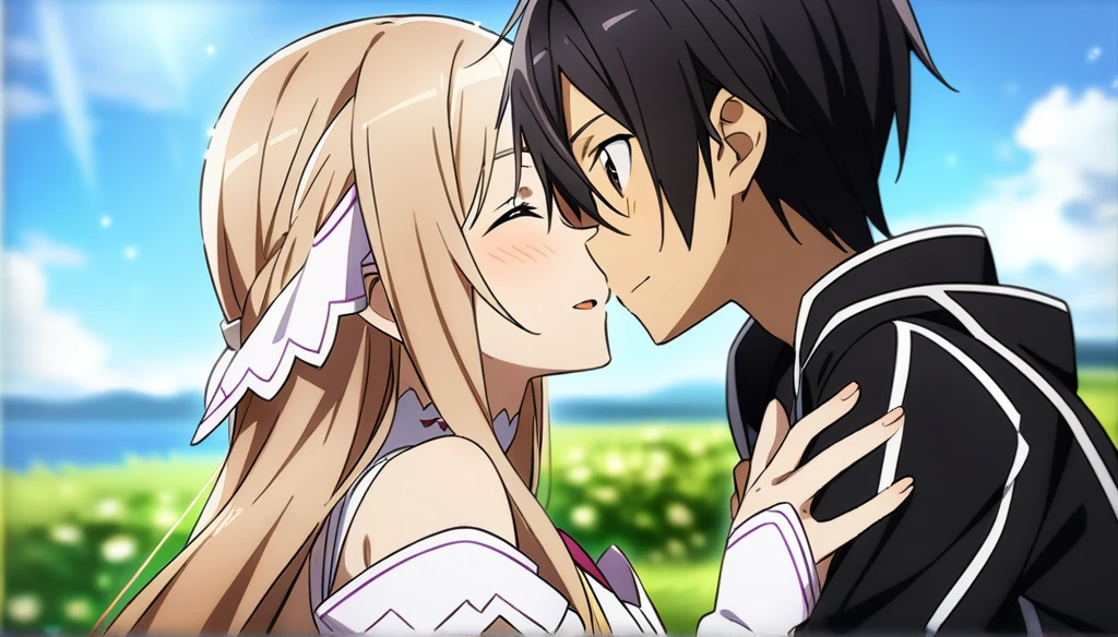 1girl and 1boy, asuna \(stacia\) and kirito, sword art online, hug, masterpiece, best quality, very aesthetic, absurdres