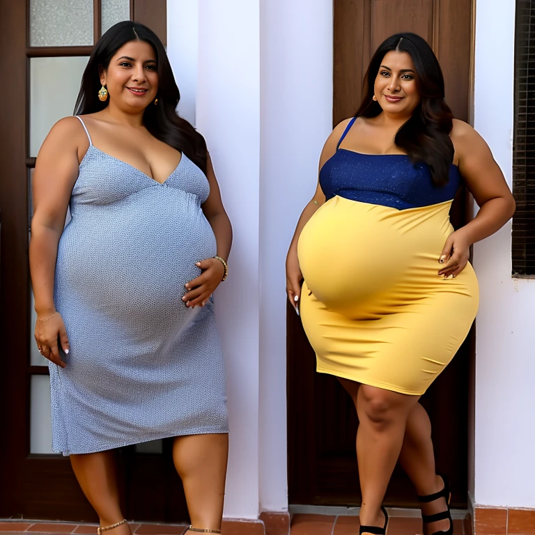 Extremely Hyperpregnant Colombian woman with huge belly wearing a dress