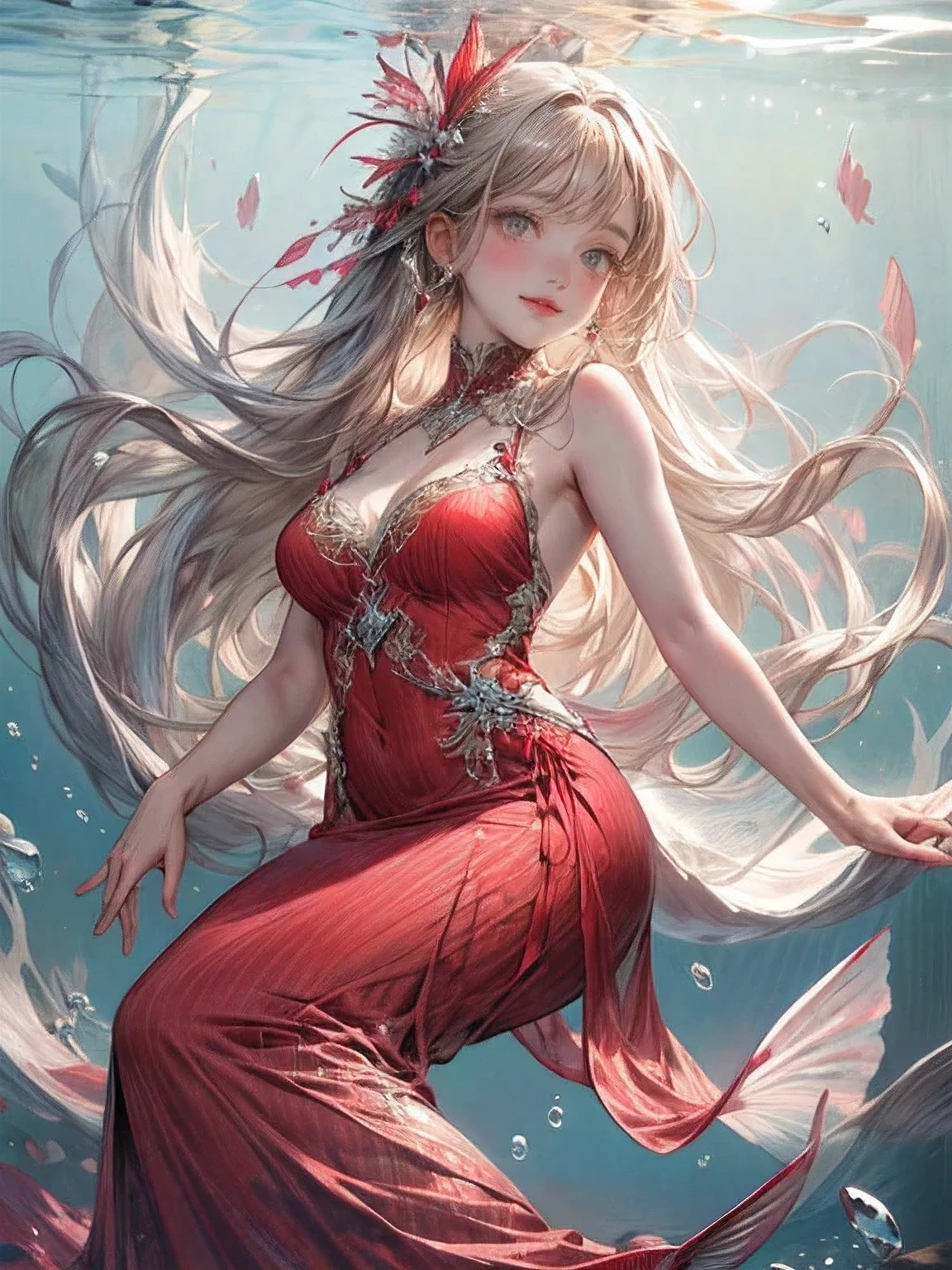 masterpiece:1.2, top quality, 8k, highres, ultra-realistic:1.37, beautiful ultra-detailed:1.2, beautiful woman in a crimson dress, flying, gracefully swimming underwater like a drifting mermaid, many bubbles:1.2, beautiful delicate long
eyelash beautiful delicate eyes, beautiful delicate pupils, sparkling eyes, beautiful delicate lips, shining lips, beautiful delicate dress, gentle smile, fullbody shot