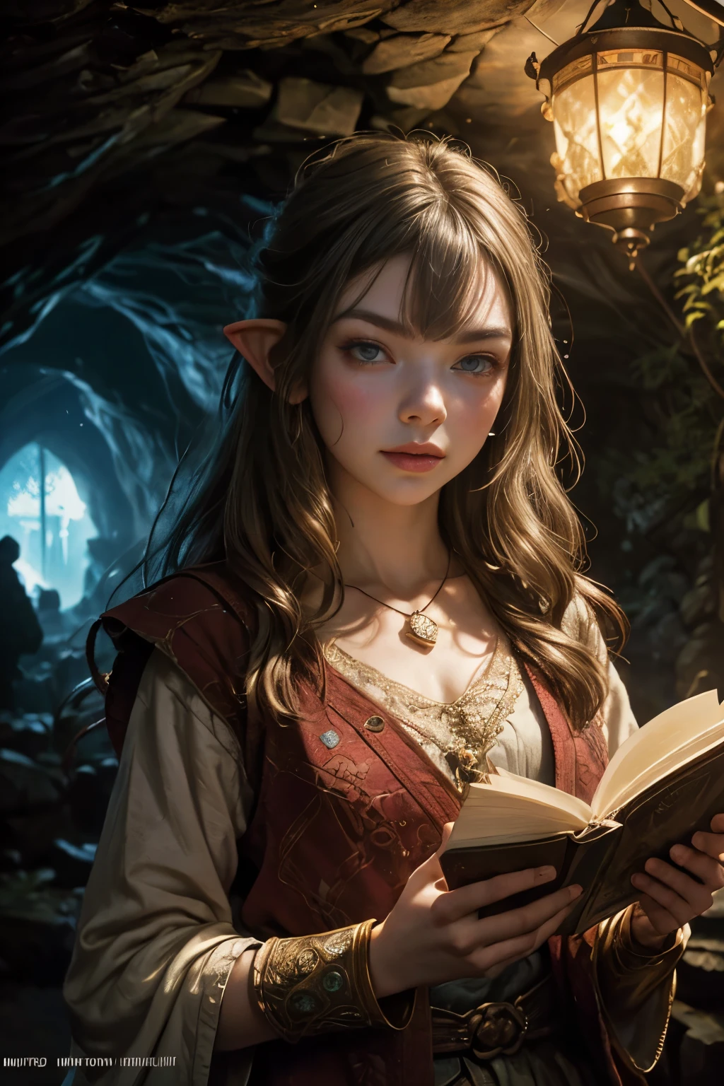 brunette hair, "Oil painting, dreamy girl (( Anya Taylor Joy )), reading ancient books, warm light ((inside a mystical hobbit cave)), magical atmosphere, whimsical clock, enchanting, cozy, detailed" High detail RAW colored art, young, smile, cyan eyes, white pale skin, , portrait, hobbit ears, (shy), mystical, gorgeous face, hobbit clothes, (detailed skin, skin texture), hobbit, magical atmosphere, (muscle), (detailed skin, skin texture), intricate details, fine details, hyperdetailed, ray tracing, subsurface scattering, diffuse soft lighting, shallow depth of field, by (Oliver Wetter) Atey Ghailan, by Jeremy Mann, Greg Manchess, Antonio Moro, trend at ArtStation, trend at CGSociety, Intricate, High Detail, Sharp focus, dramatic and photorealistic painting art by midjourney and greg rutkowski, bokeh in the background,