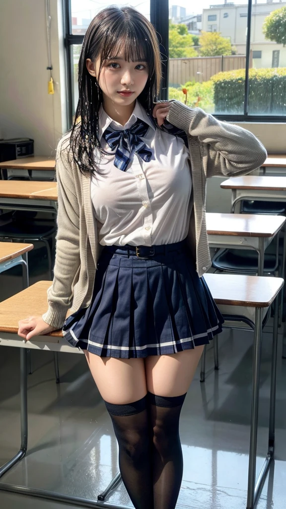 muste piece, best quality, illustration, Super detailed, fine details, High resolution, 8K,wall paper, perfect dynamic composition,(Details High quality, realistic depiction of eyes:1.3), wading, (nup, see through, wet:1.2), High School Classroom、High school girl uniform、Cardigan、Super Short Check Uniform Skirt、Navy blue high socks、garterbelts、Colossal tits、Disturbed uniform、short bob hair, black hair color, Big Natural Color Lip, bold sexy pose, (perfect body shape), crying a little、cold gaze, Harajuku style、20 year old girl、cute type, beautiful legs, hposing Gravure Idol, Voluptuous thighs, ((shirt lift, excessive cum ))