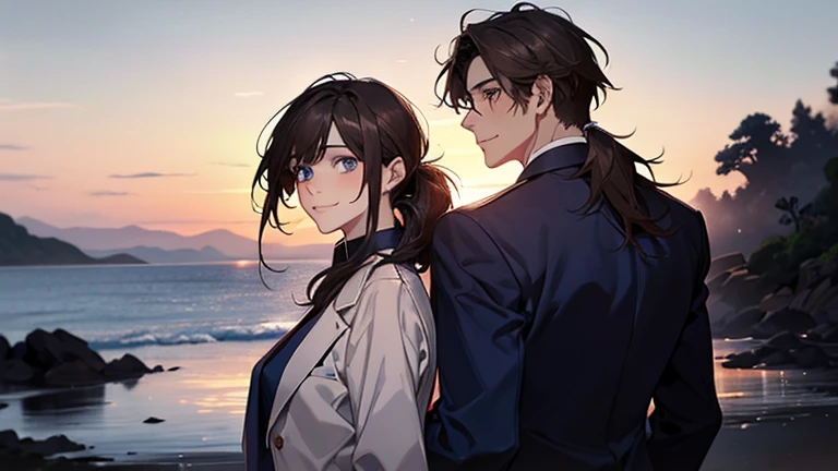 masterpiece, highest quality, 2 He, Couple, One man and one woman,mature, Adult, Height difference, Different Fashion, Different colors, Fine eyes and a fine face, ,Men have dark blue hair, A man with a navy blue low ponytail,suit,Intricate details,,Dawn Sky,Standing back to back,Smiling man with navy blue low ponytail,Woman with long dark brown hair,Woman with down hair,Dark blue eyed man, Woman with light blue eyes,Stand back to back,