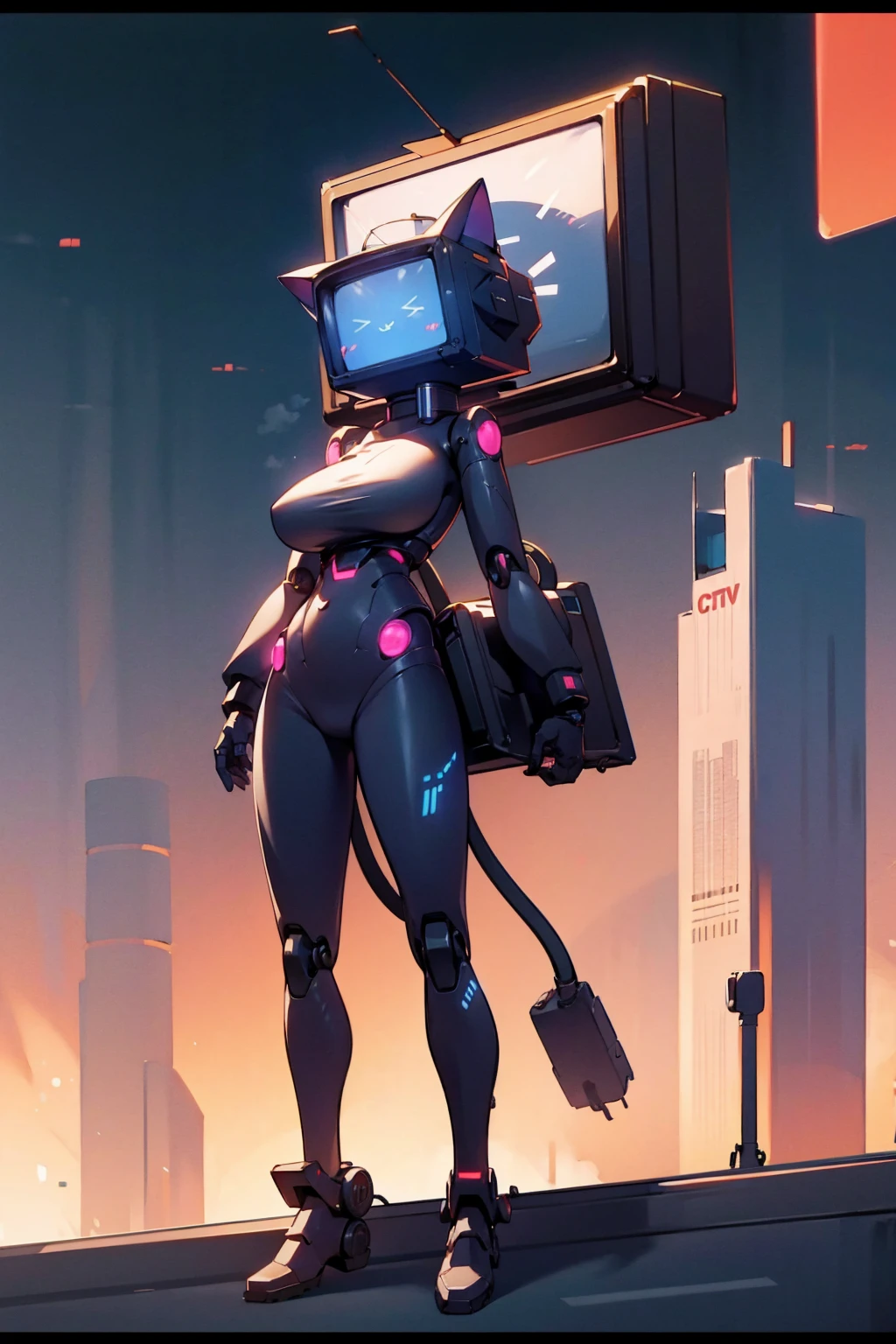 TV screen head robot girl big breasts cat ears cat tail sci-fi city full-body shot
