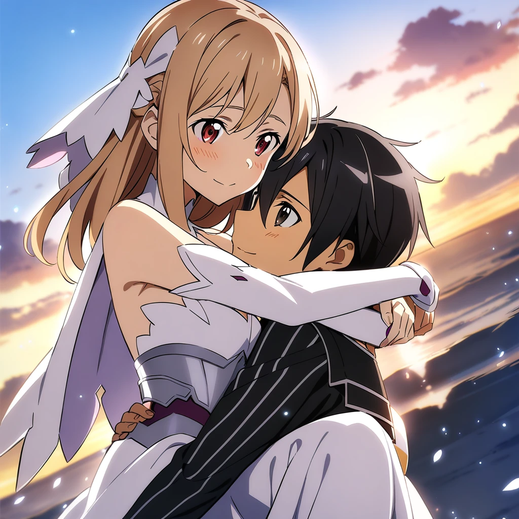 1girl and 1boy, asuna \(stacia\) and kirito, sword art online, hug, masterpiece, best quality, very aesthetic, absurdres