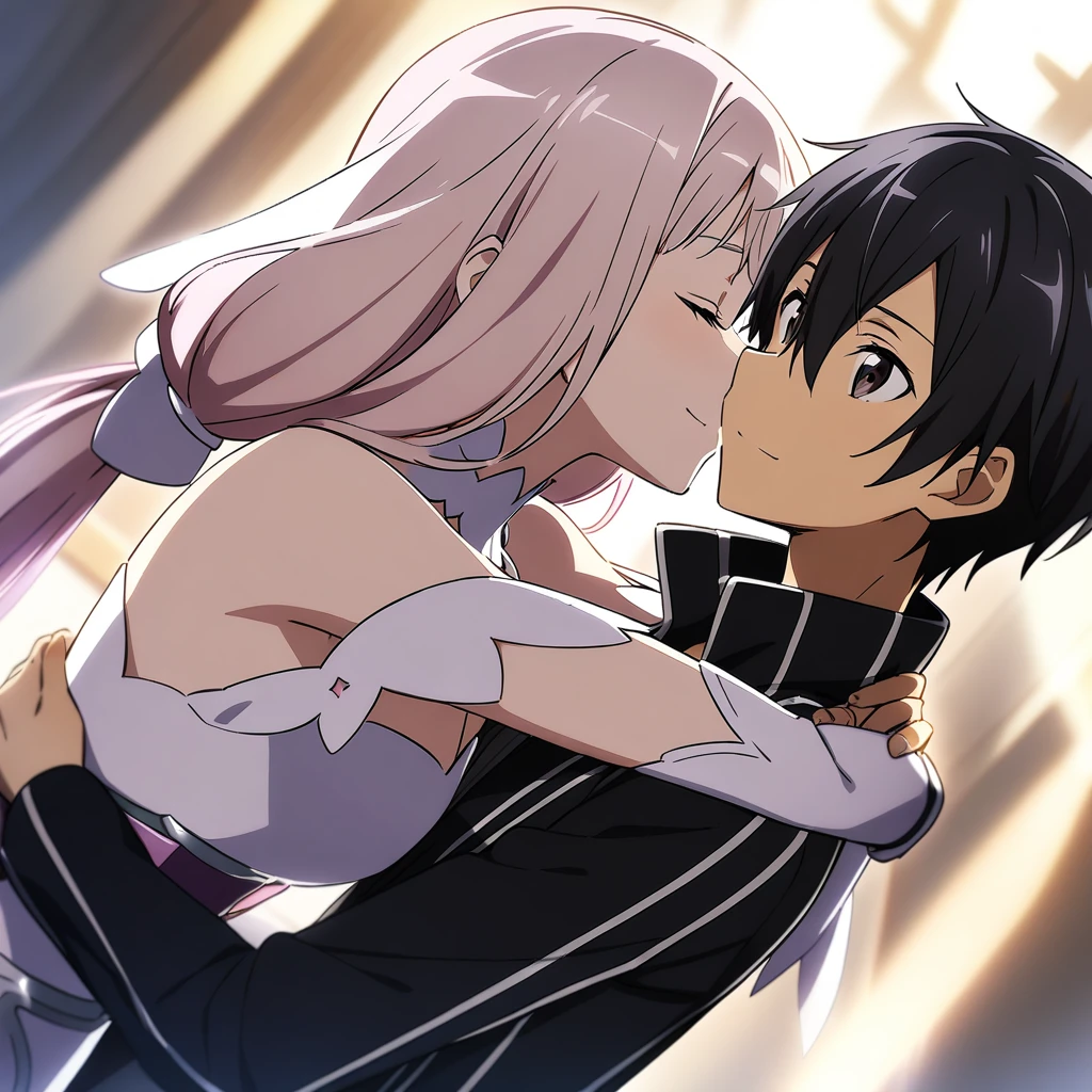 1girl and 1boy, asuna \(stacia\) and kirito, sword art online, hug, masterpiece, best quality, very aesthetic, absurdres