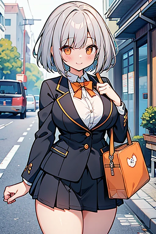girl、high school student、Gray Hair、Short Hair、Bob、Orange Eyes、Thick thighs、((G-Cup))、Make your breasts bigger、smile、teasing、((highest quality))、Anime Style、Residential Street、uniform、Black blazer、skirt、I have a bag