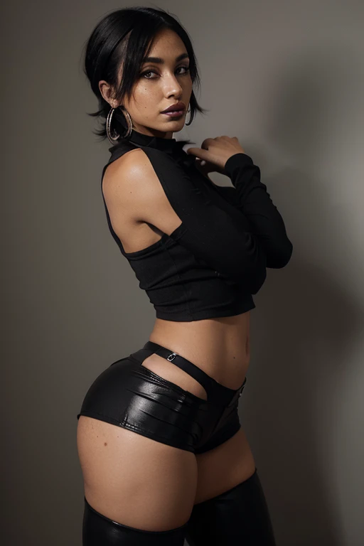 goth women , , black hair ,black skinnymini shorts , short hair , transparent , revealing , seductive , athelte , freckles , Hoop earrings , black lips , goth makeup ,brown skin , high ponny tail , leggings