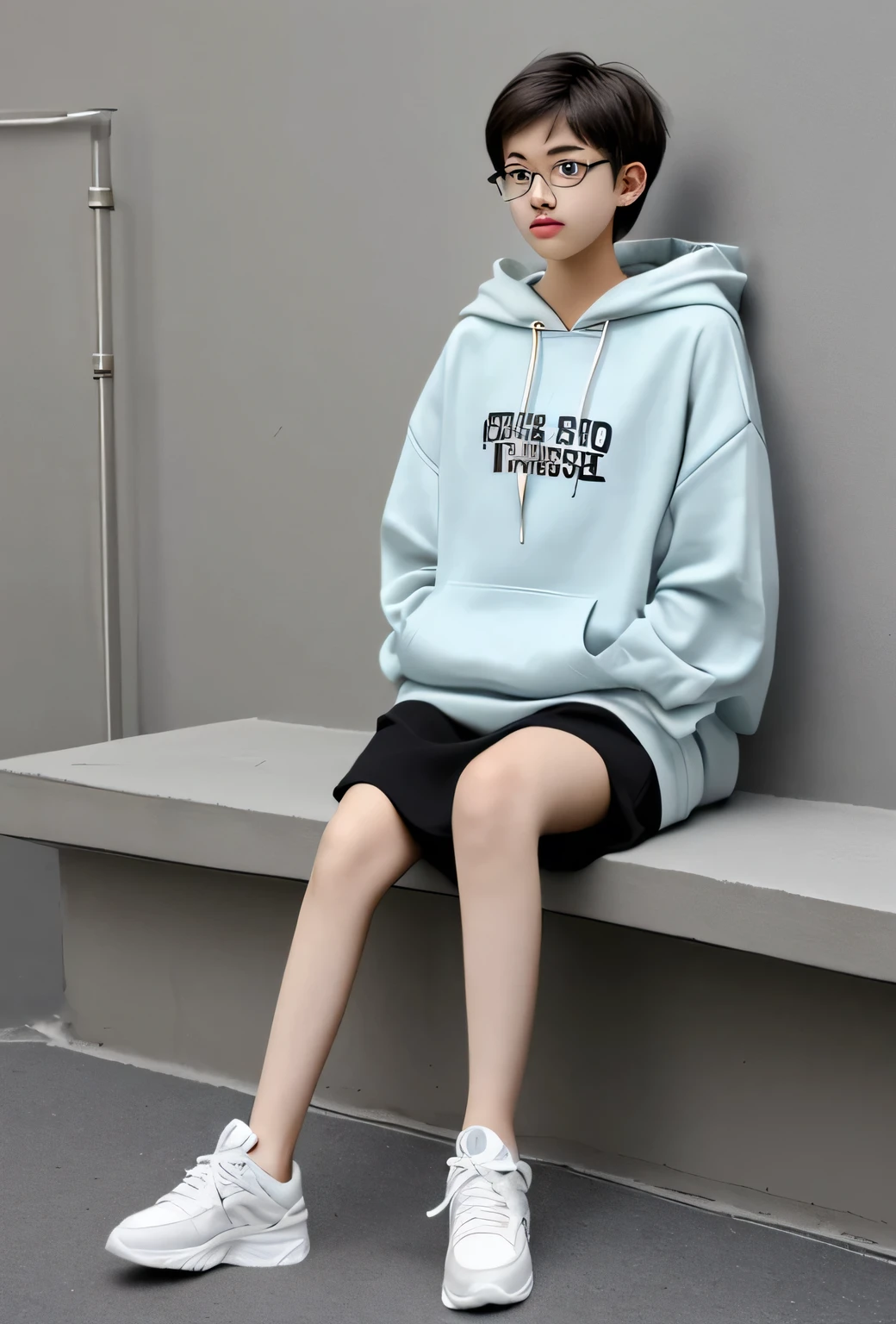 15-year-old girl,Glasses,Hoodie,short hair,Gaobang shoes