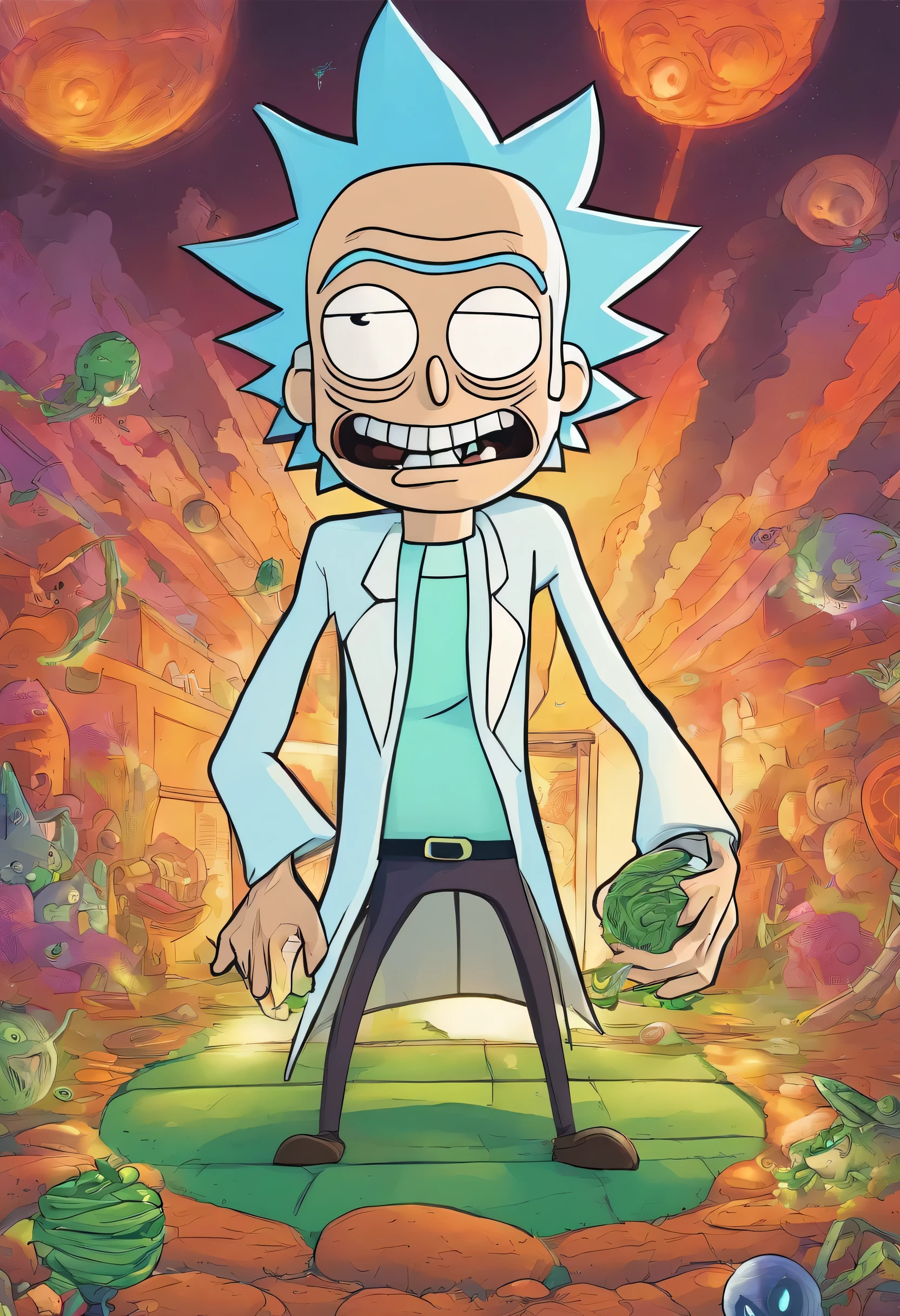 Character Rick from the Rick and Morty series, sorrindo