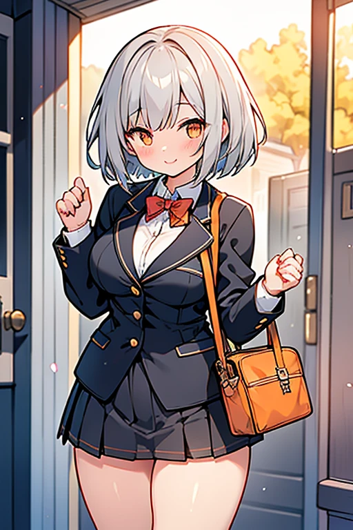 girl、high school student、Gray Hair、Short Hair、Bob、Orange Eyes、Thick thighs、（（G-Cup））、Make your breasts bigger、smile、teasing、（（highest quality））、Anime Style、Residential Street、uniform、Black blazer、skirt、I have a bag