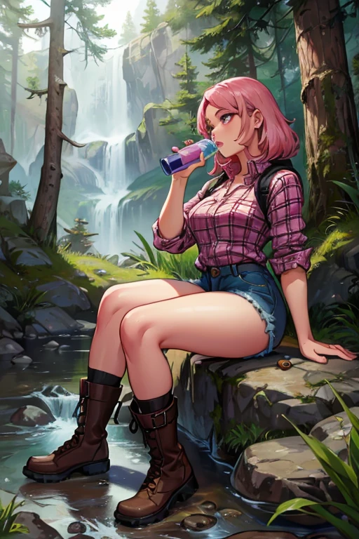 A pink haired woman with violet eyes with an hourglass figure in a plaid shirt and shorts and hiking boots is drinking water on a rock in the forest
