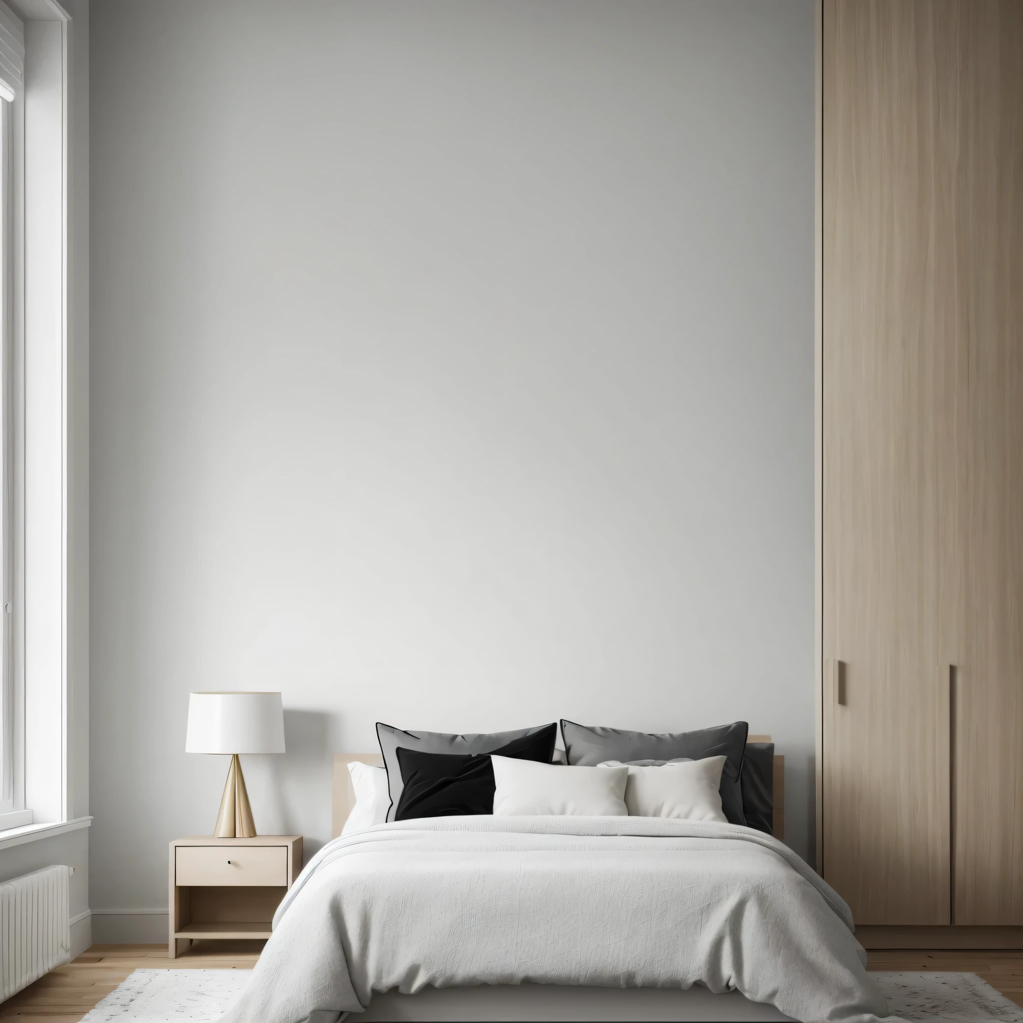 an indoor view of a beautiful European bedroom, one room, single room, realistic, 8k, uhd, off-white paint