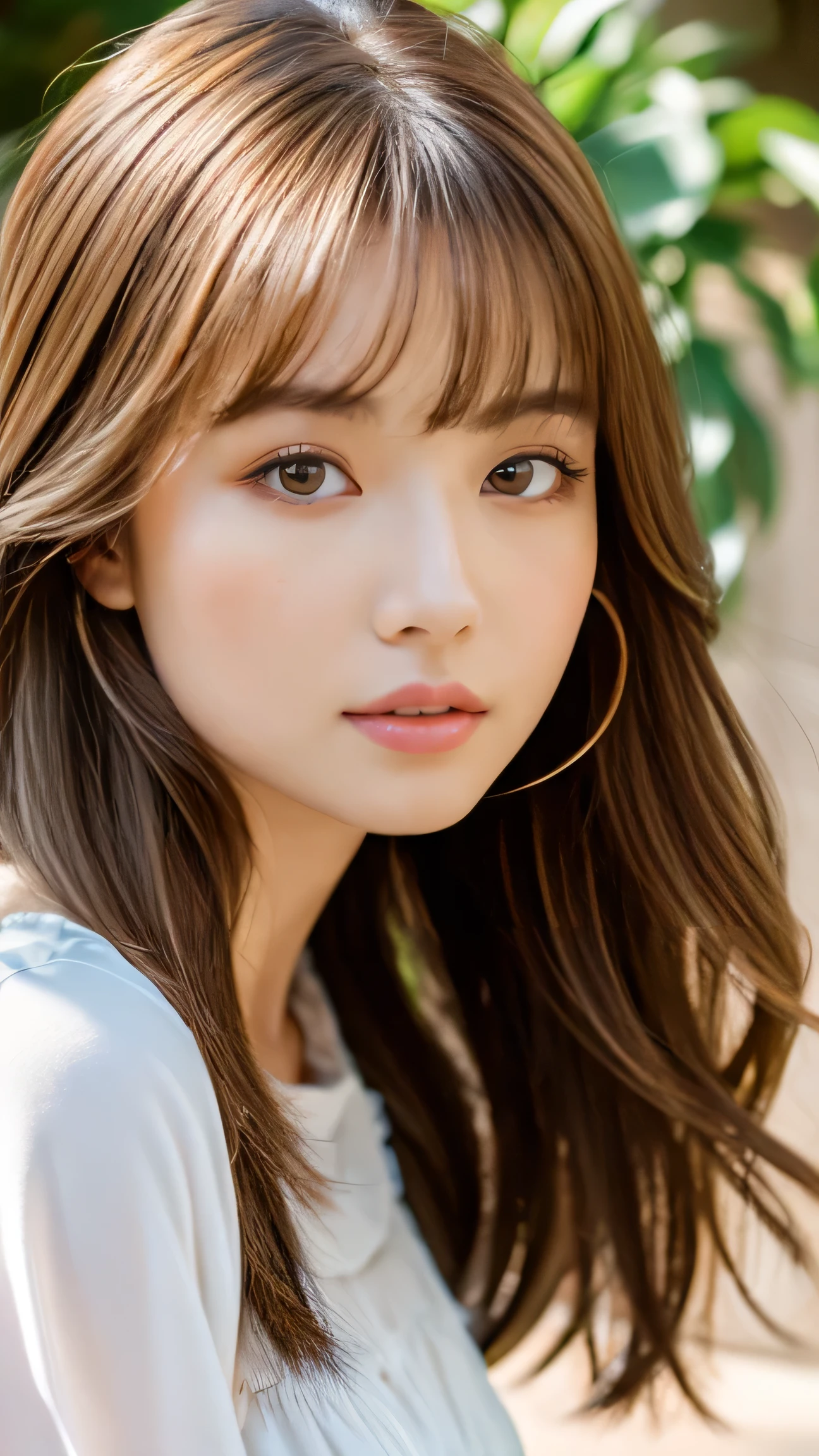 highest quality, 8k,  ,masterpiece :1.3)), In-person audience,((Whole body 1.2)) ,Beautiful woman, Wide Shot ,One girl, , Selfie   , , shade, Brown Hair  , bangs,Highly detailed face, Highly detailed lips, Fine grain, double eyelid