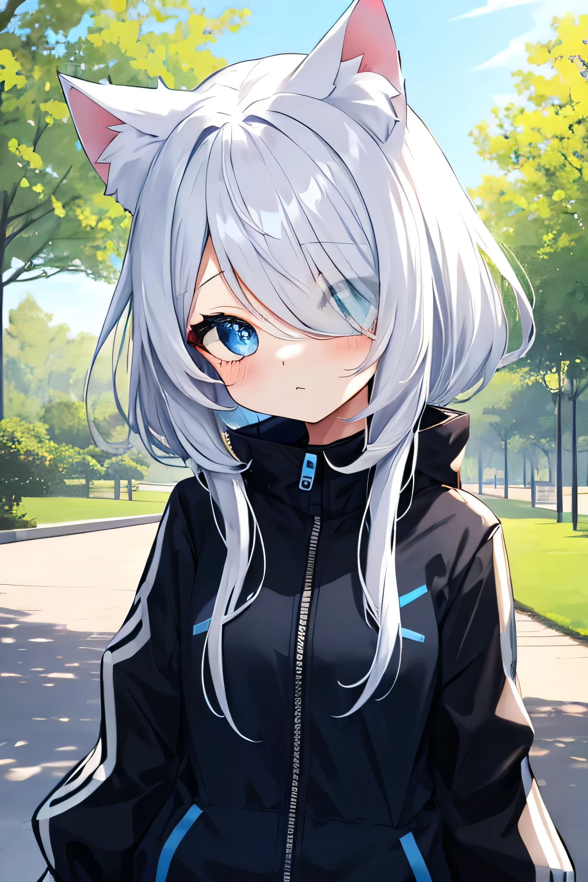 kawaii, cute, chibi, 1girl, slim body, wearing white Shirt no sleeves with blue zipper, black collar, wearing oversize black and blue reversible jacket, beautiful blue eyes high detailing, white hair, cat ears, no pants, pervert face, on the park, (hair over eyes:1.1), (detailed), ((best quality))