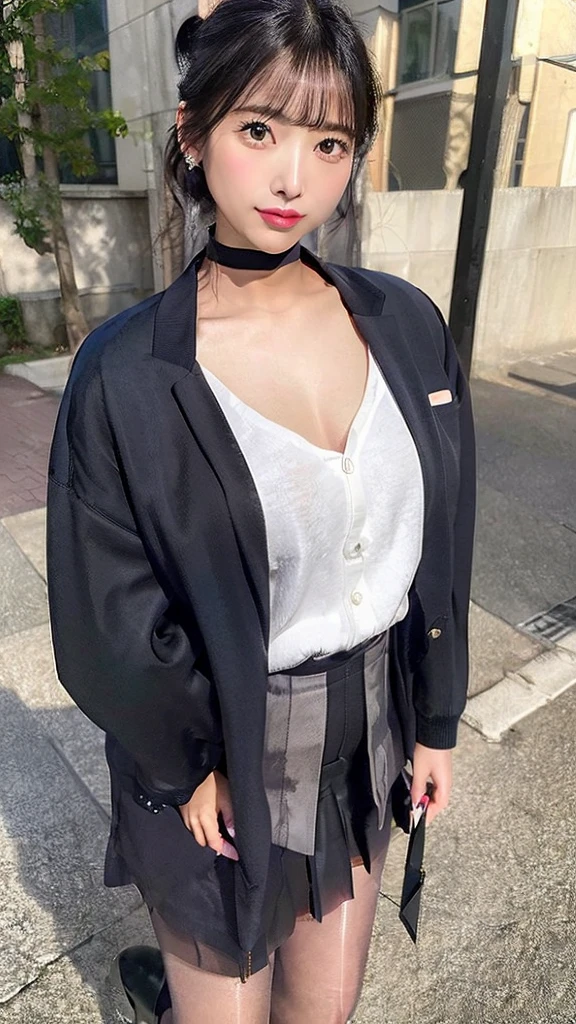 (Open jacket, shirt, skirt, Black Pantyhose, タイトskirt,Christian Louboutin heels\(brand\),:1.3),???? beautiful office lady,、Standing posture、On the street、My ????? is open、、delicate、Mansuji、Light Purple Blazer、白いドレスshirt、タイトなマイクロミニskirt、whole body、highest quality、Very detailed、Ultra-high resolution、(Photorealistic:1.8)、Almost 1、???? face、Looking at the audience、Laughter、Natural soft light、Huge 