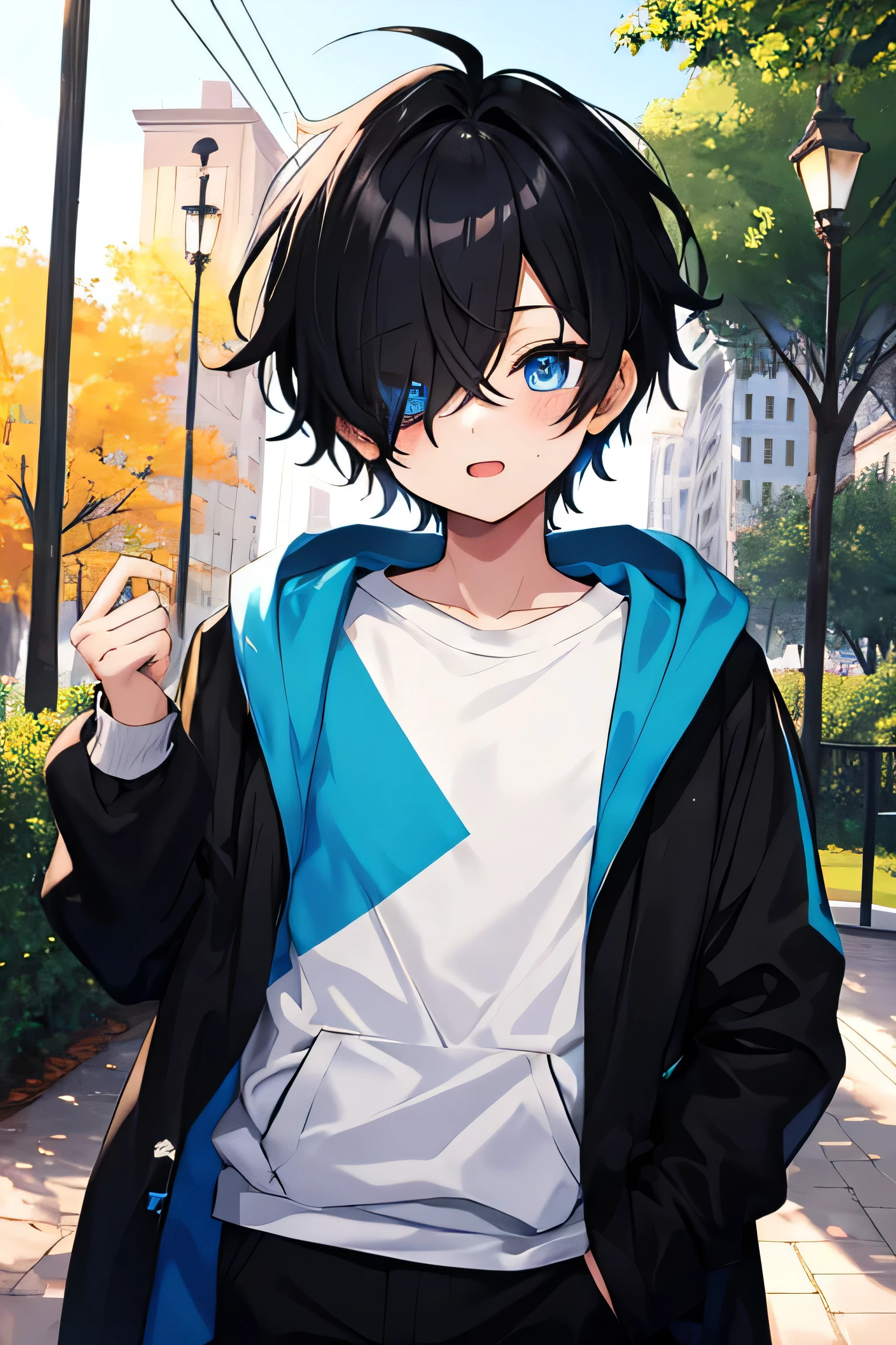 chibi, 1boy, wearing black and blue hoodie, beautiful blue eyes high detailing, black hair, long black trousers, on the park, (hair over eyes:1.1), (detailed), ((best quality))