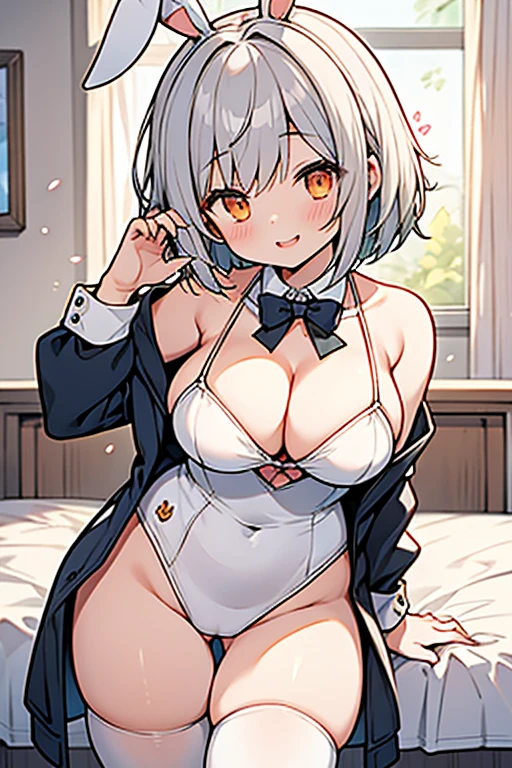 girl、high school student、Gray Hair、Short Hair、Bob、Orange Eyes、Thick thighs、（（G-Cup））、Make your breasts bigger、smile、teasing、（（highest quality））、Anime Style、Bunny girl、High leg cut、Rabbit Pose、Show off your cleavage、Shoulders stick out、I can see your crotch、Bedroom